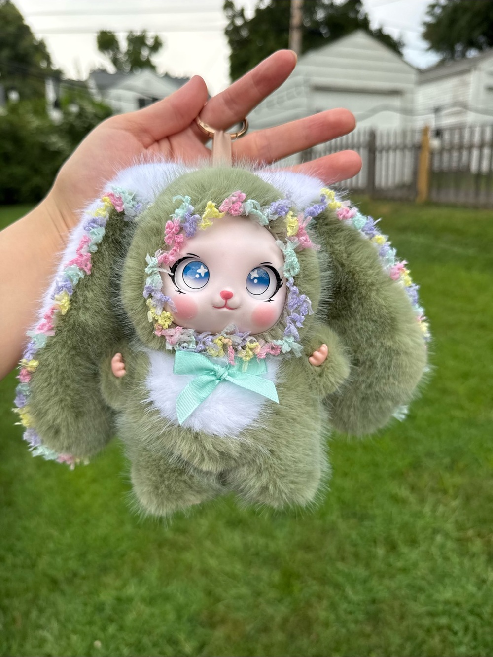 Adorable Kiwi Green Plush Bunny Keychain-Faux Fur with Pastel Floral Trim-Charm
